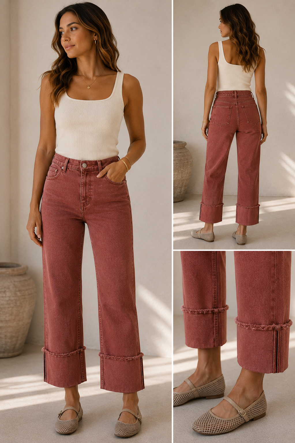Tummy Control Mid Rise Crop Wide-Leg Cuffed Pants
