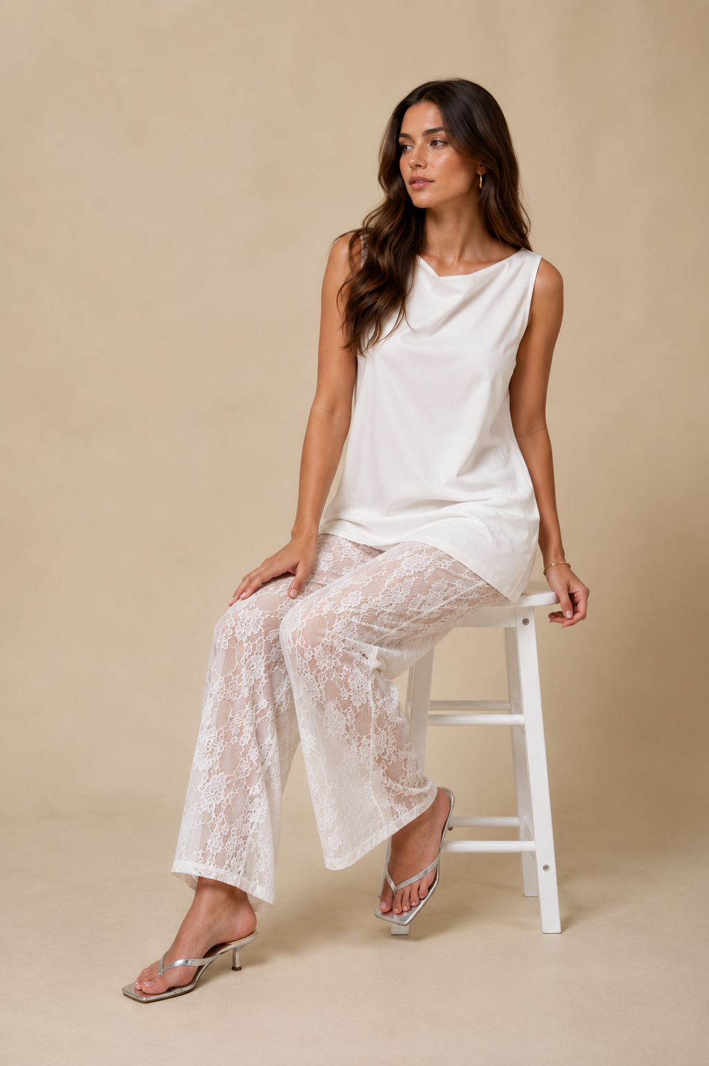 Boat Neck Sleeveless Top with Lace Pants