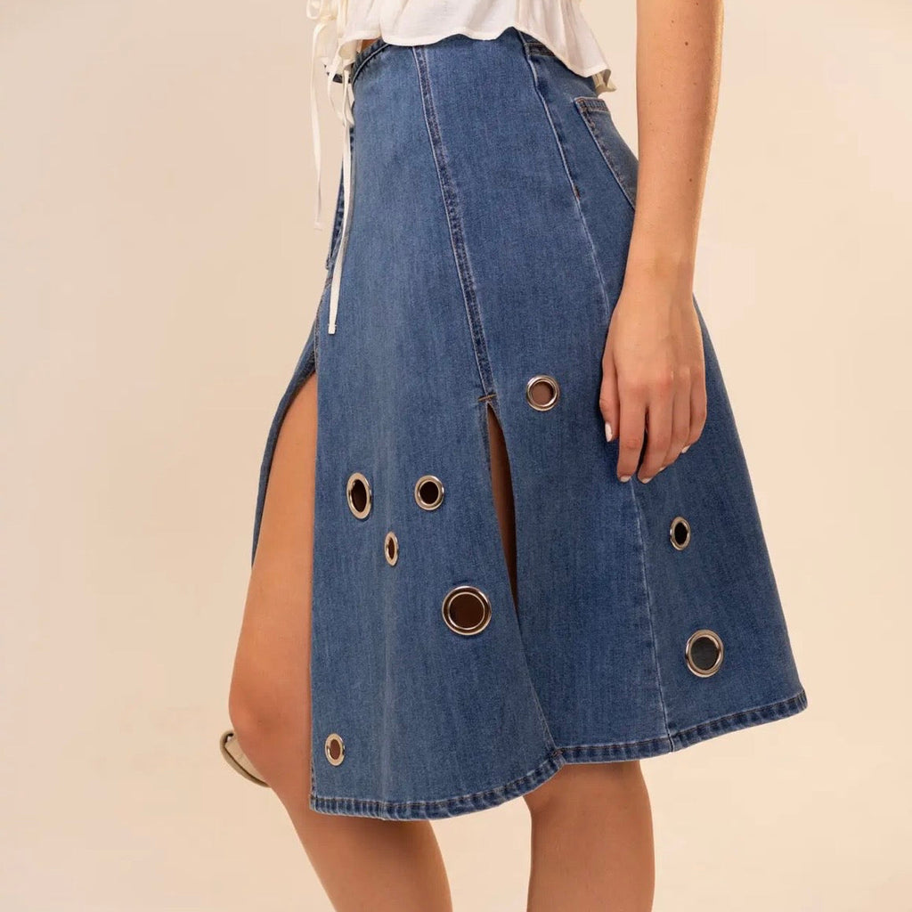 Denim Eyelet Wrap Skirt