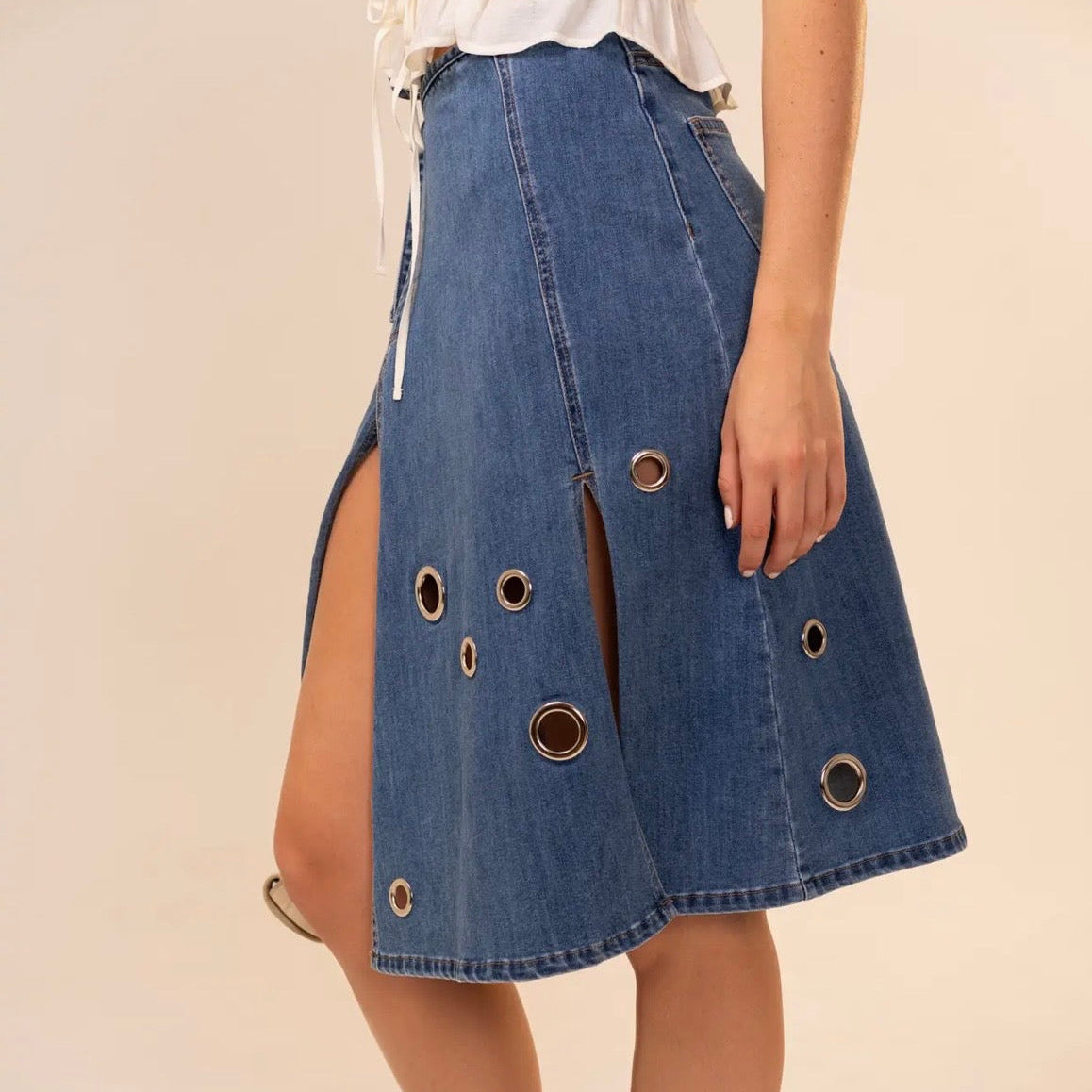 Denim Eyelet Wrap Skirt