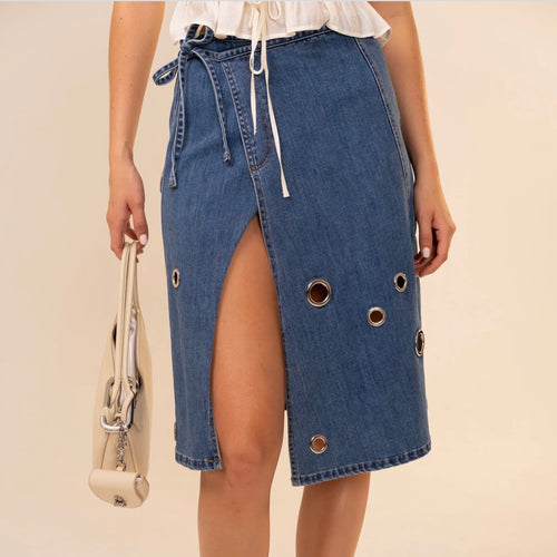 Denim Eyelet Wrap Skirt