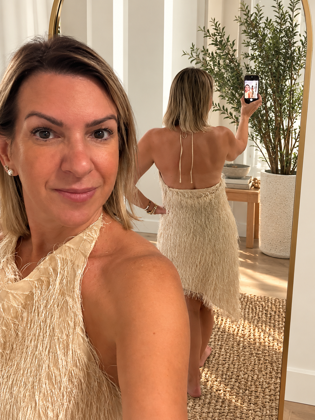 Ivory Feather Fringe Halter Dress