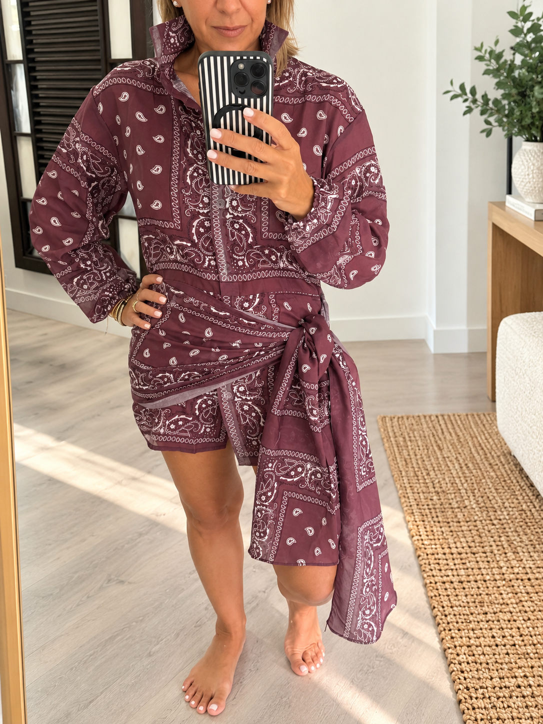 Button-Front Paisley Shirt Dress with Sash