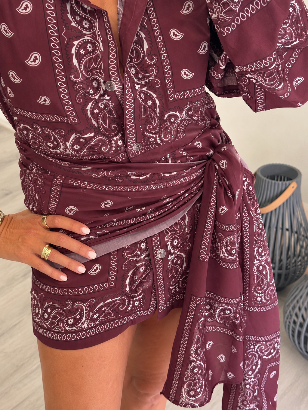 Button-Front Paisley Shirt Dress with Sash