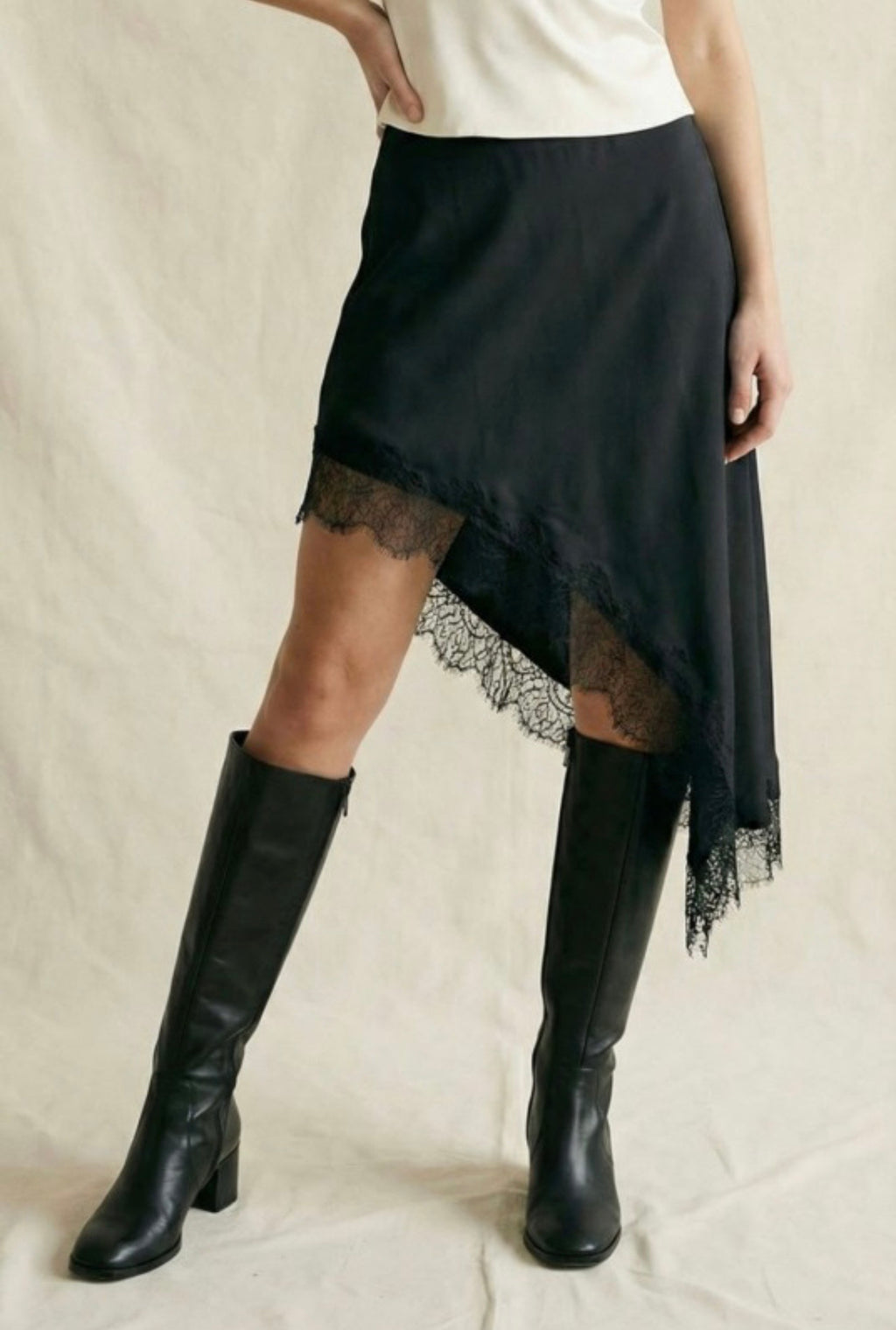 Satin Asymmetrical Lace Trim Midi Dress