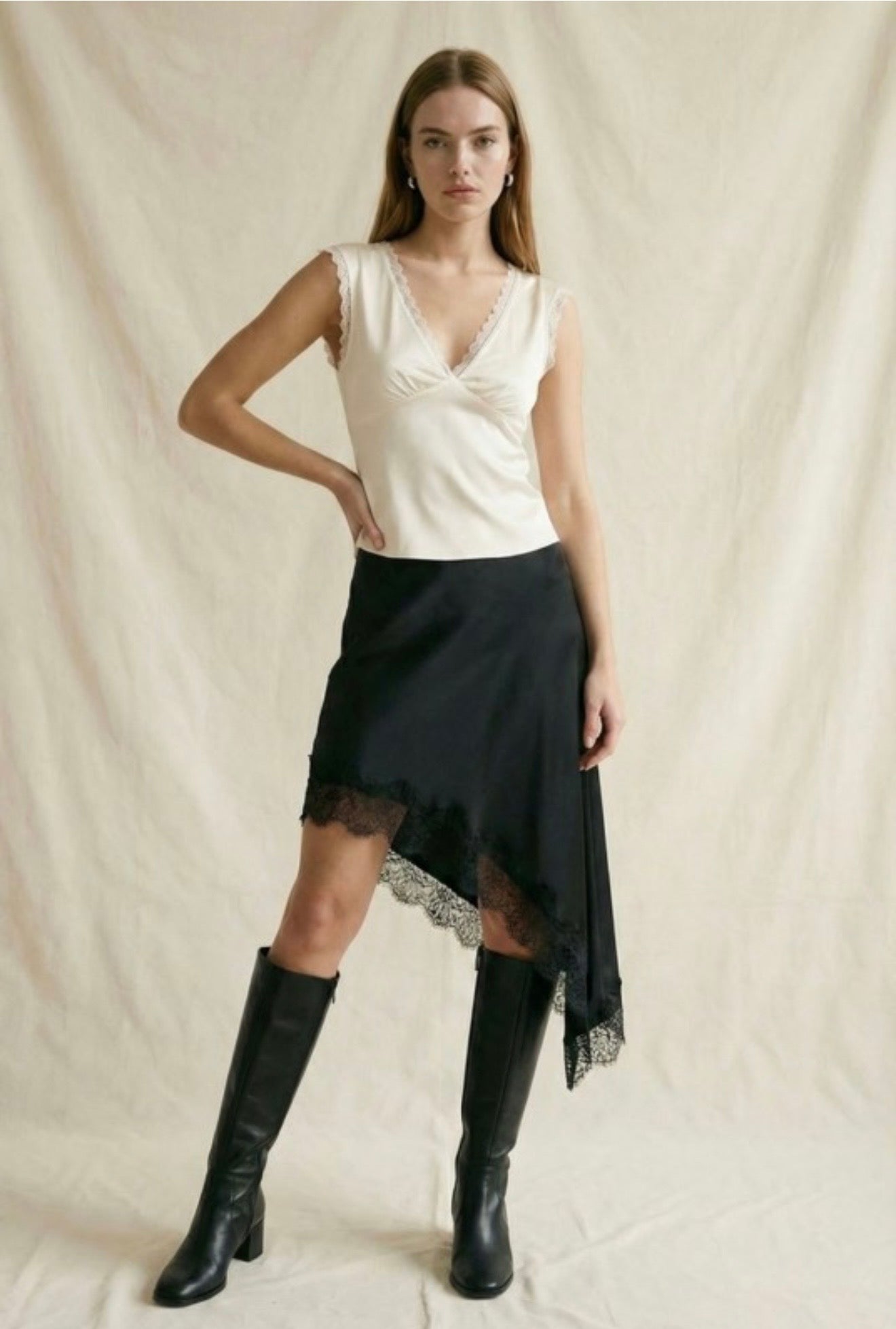 Satin Asymmetrical Lace Trim Midi Dress