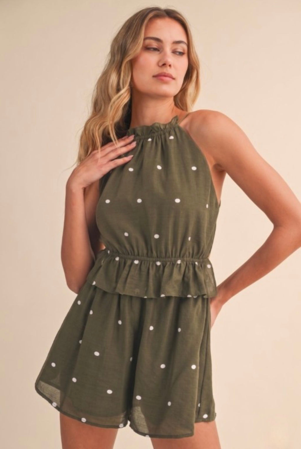 Dot Print Halter Backless Romper