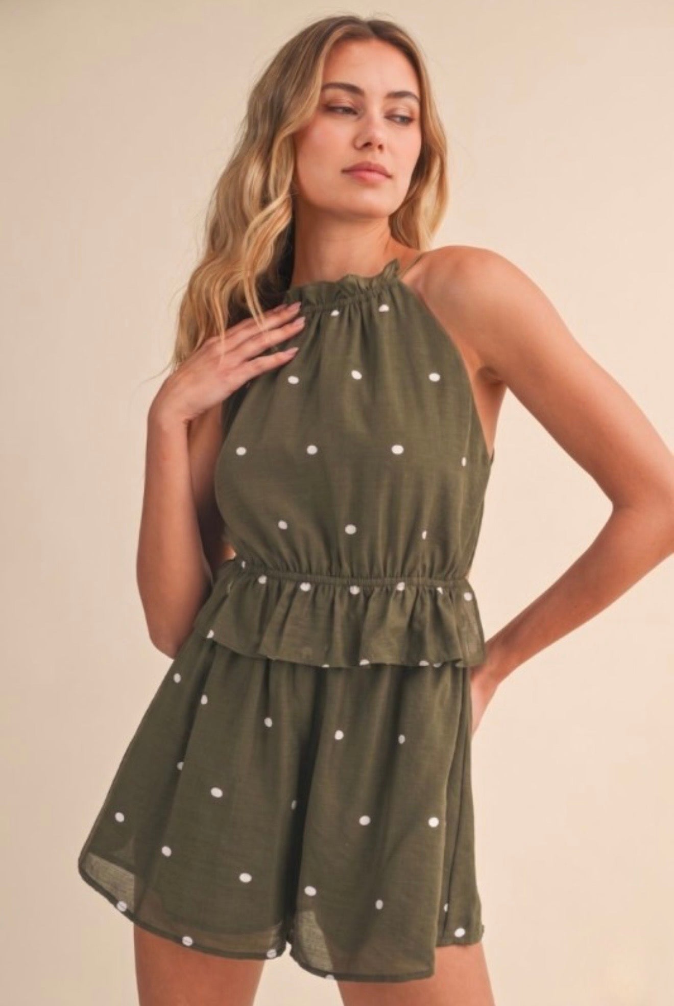 Dot Print Halter Backless Romper