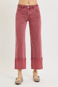 Tummy Control Mid Rise Crop Wide-Leg Cuffed Pants