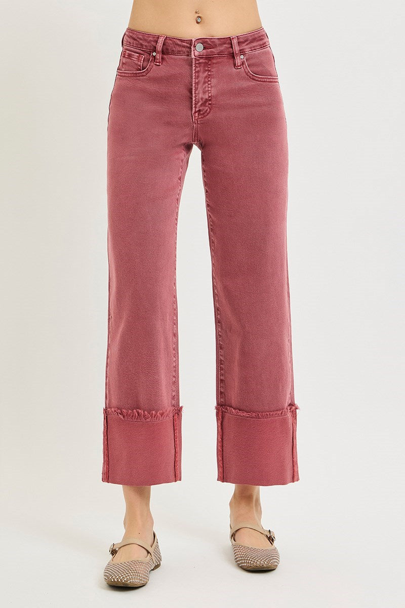 Tummy Control Mid Rise Crop Wide-Leg Cuffed Pants