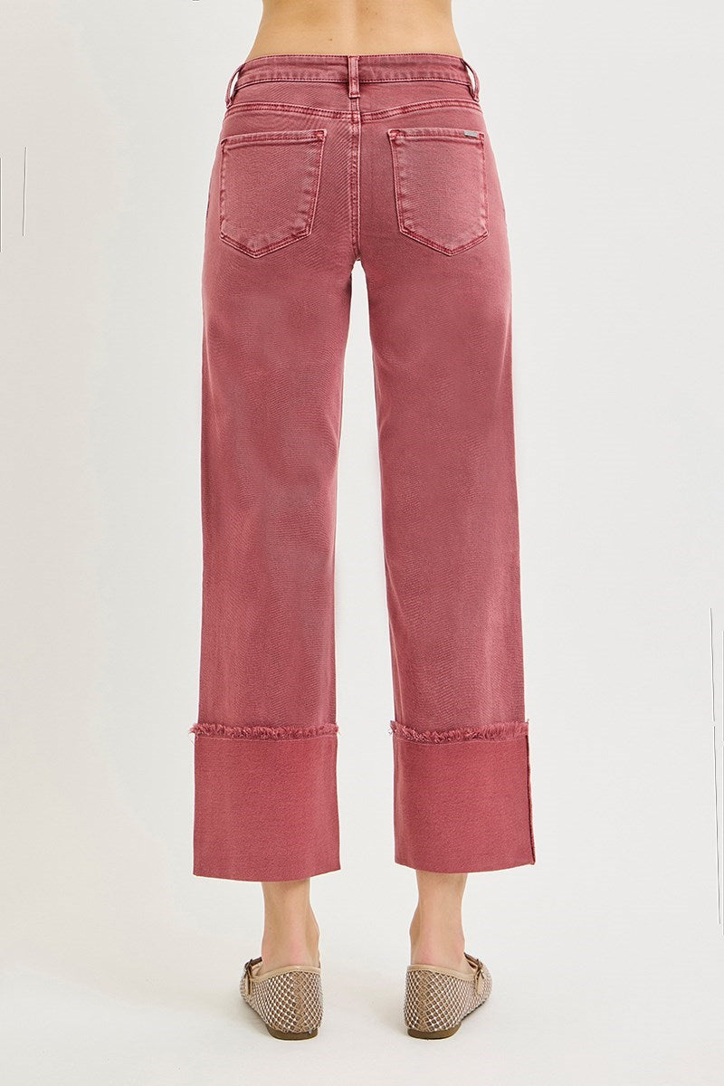 Tummy Control Mid Rise Crop Wide-Leg Cuffed Pants