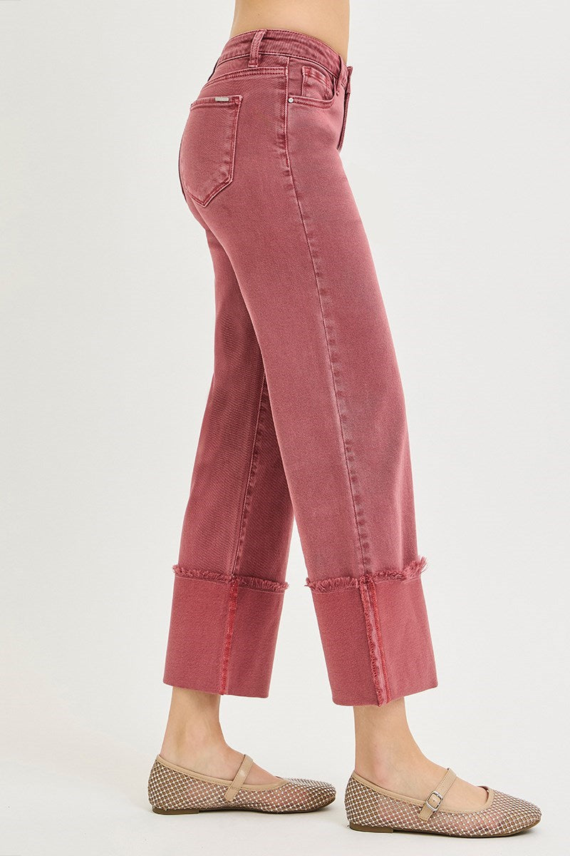 Tummy Control Mid Rise Crop Wide-Leg Cuffed Pants
