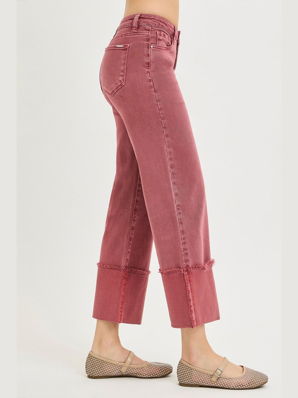 Tummy Control Mid Rise Crop Wide-Leg Cuffed Pants