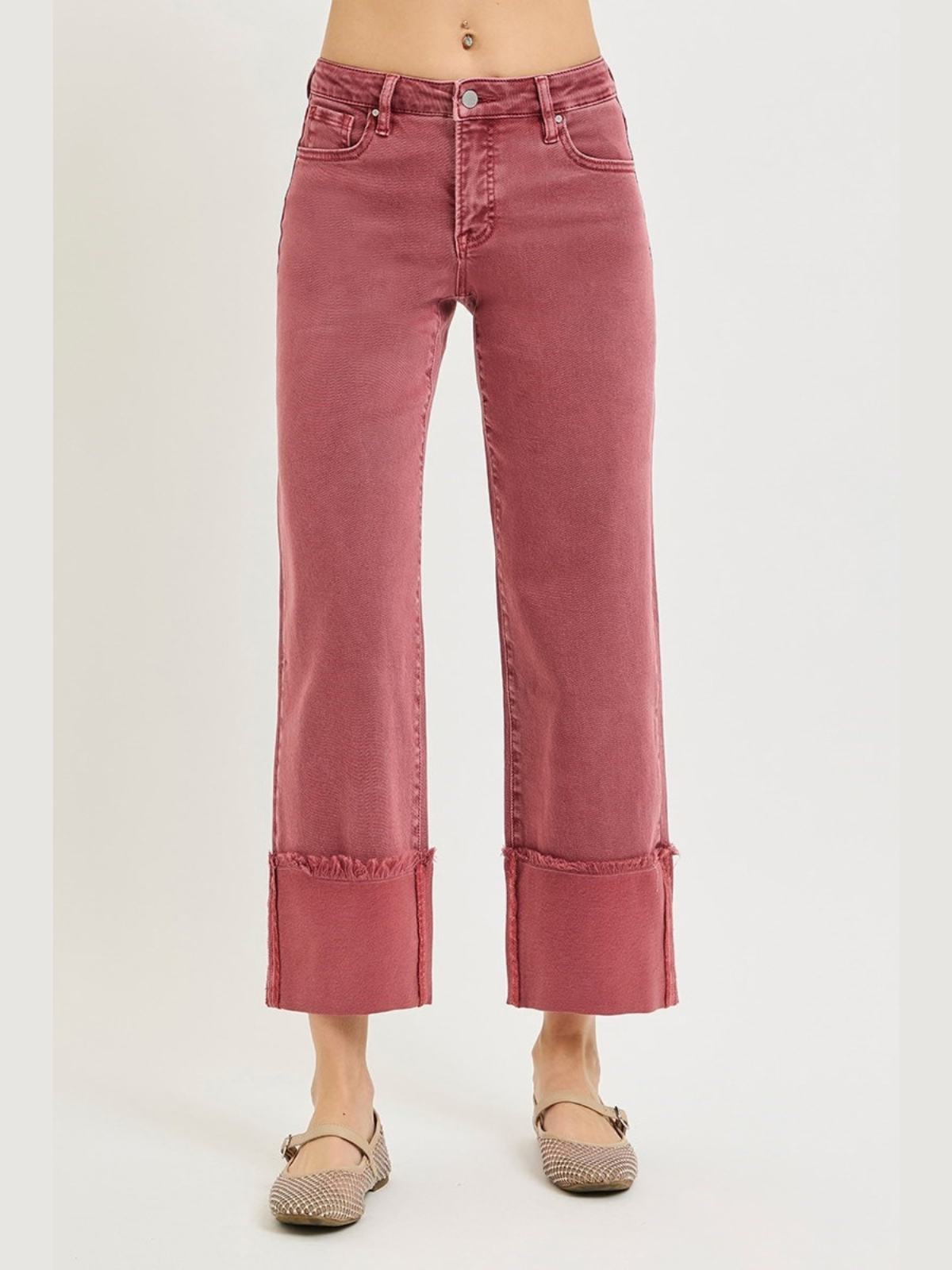 Tummy Control Mid Rise Crop Wide-Leg Cuffed Pants