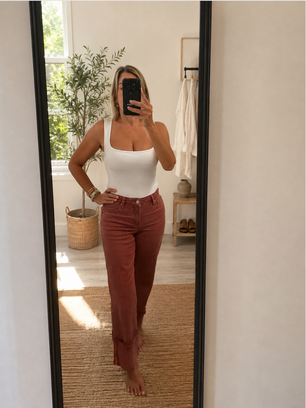 Tummy Control Mid Rise Crop Wide-Leg Cuffed Pants